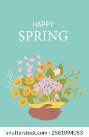 Happy spring postercard, bouquet in hand with colorful flowers on green background.