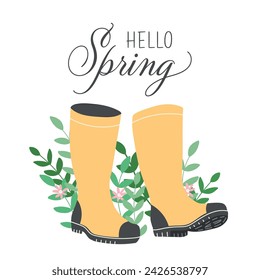 Feliz primavera. Botas de lluvia con flores y hojas. Wellies con banner de hojas verdes aislado sobre fondo blanco. Impresión de primavera dibujada a mano, tarjeta, póster. Concepto de vacaciones de primavera y pascua.