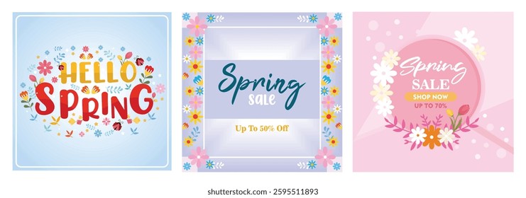 Happy spring. Spring sale banner with colorful flowers. Sales advertisement with discount offer. Spring Flourishing Concept. Set flat vector illustration.