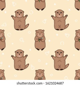 happy spring seamless pattern with cute cartoon groundhogs and doodle elements on yellow background, editable vector illustration for kids fabric, textile, paper, decoration