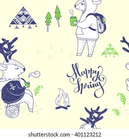 Happy spring. seamless pattern with cute characters