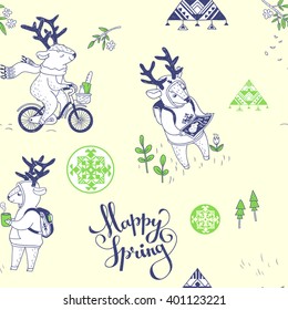 Happy spring. seamless pattern with cute characters