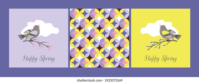 GLÜCKLICHES SPRING-Set: Grußkarten und Muster. Singvogel, Kirschzweig, Weide. Die Einrichtung ist umweltfreundlich. Vektorgrafik, Flachgrafik.