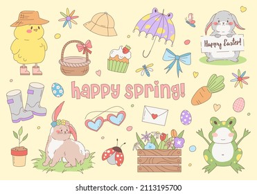 Happy Spring set with lettering, chicken, umbrella, rabbit, carrot, easter eggs, bows, bugs, flowers and basket. Vector clip art illustrations for kids cards, web, poster, banner, sticker. Cute set.