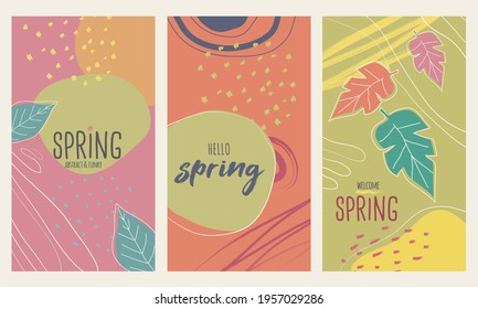 Felices historias de primavera, coloridas y vectoradas. Estilo plano y revestido con naturaleza, geométrico y otros elementos abstractos de estilo dibujado a mano. Adecuado para medios sociales, postales o anuncios.