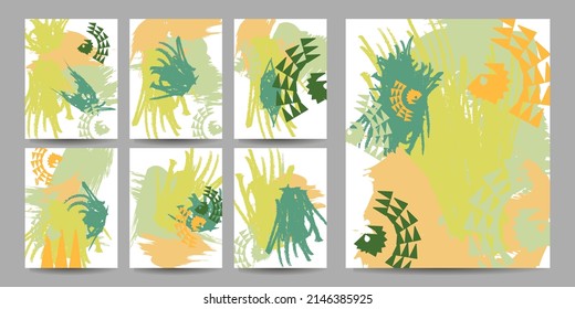 Happy spring stories background set, colorful and vectored. Flat and lined style with nature, geometric and other abstract elements in hand drawn style