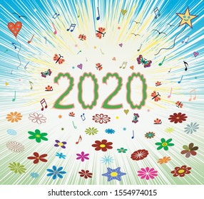 Happy spring summer 2020 sunrise abstract colorful background with bloom blossom number letters 2020. Cover for calendar, greeting card, web page, holiday background.