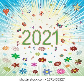 Feliz verano de primavera de 2021 optimista amanecer abstracto fondo colorido con flor flor letras número 2021. Portada para calendario, tarjeta de saludo, página web, fondo de vacaciones. Ilustración vectorial.