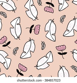 Felices plumas de primavera y verano y flores de estilo escandinavo ilustración de fondo sin fisuras en vector rosa suave