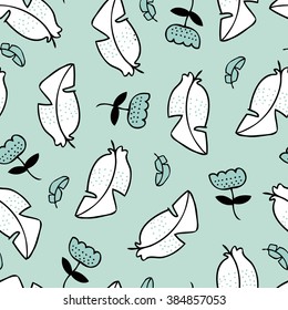Felices plumas de primavera y verano y flores de estilo escandinavo ilustración de fondo sin fisuras en vector