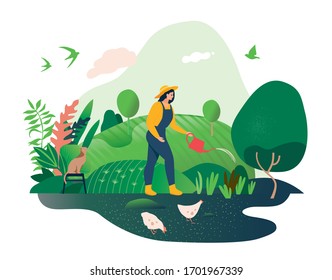 Happy Spring and summer. Gardening. Modern flat vector concept illustrates a young woman engaged in hobby gardening - watering, planting, loosening, organizing spring gardening.