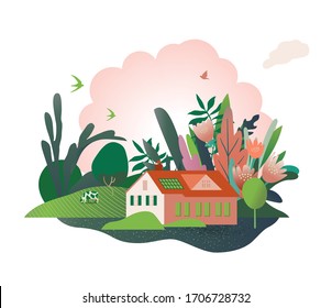 Happy Spring and summer. Illustration of a farm, ranch, rural scene, agriculture, farming, animal husbandry. Illustration of farm animals, cows on pasture, birds. Template for banners