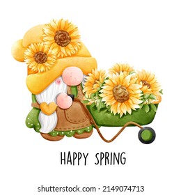 Happy Spring with sunflower gnome, Vector illustration