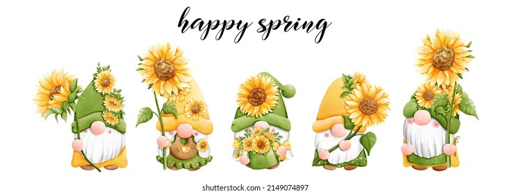 Happy Spring with sunflower gnome, Vector illustration
