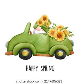 Primavera feliz con gnomo de girasol, ilustración vectorial