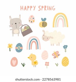 Happy Spring is a sweet set of spring vector illustrations in a pastel colour palette.
Includes, bunny rabbit, spring lamb, chicks, easter eggs and rainbows.