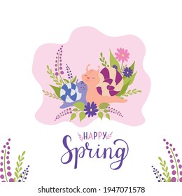 Happy spring text and cute character snail mama and baby on floral background. It can be used for printing postcards, clothing, and children's posters. Vector illustration in pink, blue, peach colors.