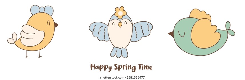 Un tiempo de primavera feliz, pájaros lindos que celebran la primavera con expresiones alegres y colores pastel