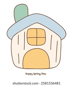 A Happy spring time, cute, simple illustration of house with blue roof and green chimney, perfect for spring themes