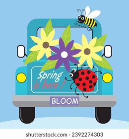 Happy spring time with flowers and lady bug on the car