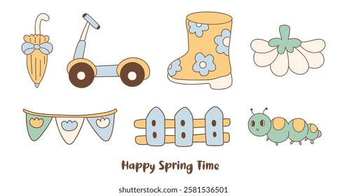 Uma feliz primavera tempo, primavera ilustrações temáticas com guarda-chuva, scooter, chuteira, flor, bunting, cerca e lagarta, evocando alegria