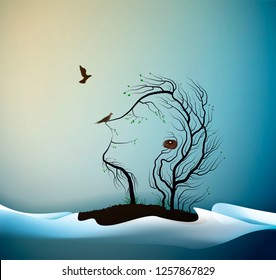  Happy spring tree concept, tree looks like man with birds, spring portrait of tree abstract, tree dream, vector