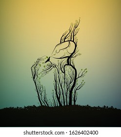  Happy spring tree concept, tree looks like man with bird, spring portrait of tree, tree dream, vector
