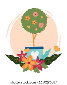 happy spring tree flowers in pot with heart decoration vector illustration