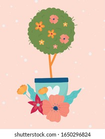 happy spring tree flowers in pot floral decoration vector illustration