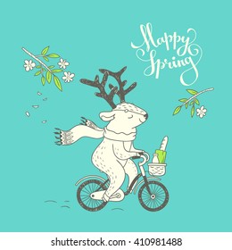Happy spring. vector hand drawn illustration with cute deer on bike