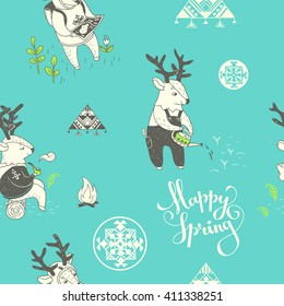 Happy spring. vector hand drawn seamless pattern with cute spring characters outdoor and tribal ornamental graphic elements