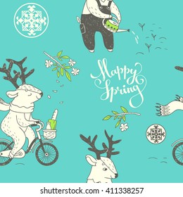 Happy spring. vector hand drawn seamless pattern with cute spring characters outdoor and tribal ornamental graphic elements