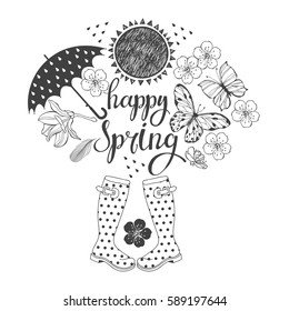 Happy Spring. Vector illustration, black and white greeting card or invitation.