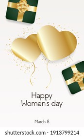 Happy Spring Women s Day, March 8. A green gift box with a gold bow and tinsel in the background. Gift template for posters, greeting cards and banners for websites. Flat top view. Vector illustration