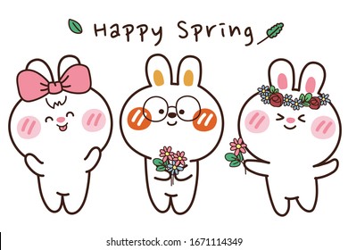 Happy Spring writing with cute rabbits cartoon character. Cute cartoon smile and greeting hand draw. Vector. Illustration.