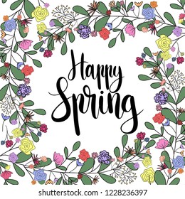 Happy Spring,hand drawn vector illustration.Lettering spring design with leaves and flowers decoration for greeting card, invitation ,banner ,cover ,poster,card,wallpaper,ad,promotion, article.