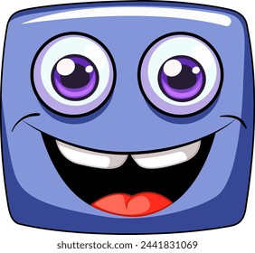 A happy square character with big eyes smiling.