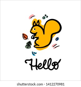 Happy  squirell vector illustration. Hello lettering calligraphy. Invitation carts, postcard, logos, prints.