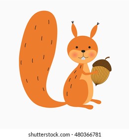 Happy Squirrel With Acorn On White Background