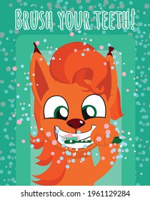 Happy squirrel brushing her teeth!!! Vector design flat