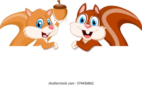 happy squirrel cartoon with blank sign