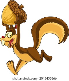 Happy Squirrel Cartoon Mascot Character Running With Acorn. Vector Hand Drawn Illustration Isolated On Transparent Background