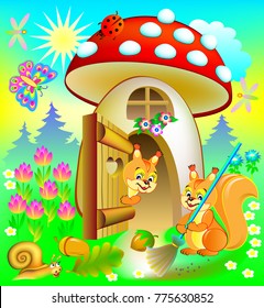 Happy squirrel cleaning his house, illustration for children's book.  Vector cartoon image.