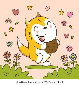Happy squirrel with cookies. Floral cute nature background. Cartoon children illustration