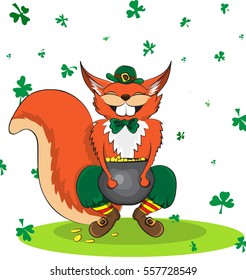 Happy squirrel dressed as a leprechaun and gold. Poster St. Patrick's Day