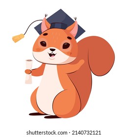 Happy squirrel in graduation cap cartoon vector illustration. Cute animal character smiling, standing with diploma on white background. Rodent, education concept