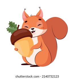 Happy squirrel hugging acorn cartoon vector illustration. Pretty furry animal with big tail holding favorite nut on white background. Rodent, food, wildlife animal concept