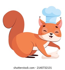 Happy squirrel making dough cartoon vector illustration. Pretty wildlife animal in chefs hat smiling, cooking pies, preparing dinner or lunch. Rodent, food concept