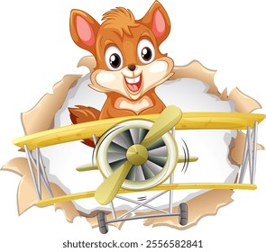 Happy squirrel piloting a yellow vintage airplane