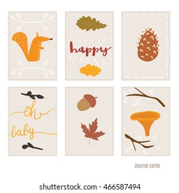  Happy. squirrel, pine cone, branches. Set of cards for baby shower. Autumn. Decor for invitations, journal cards, greeting cards, posters, blogging. Children's illustration.